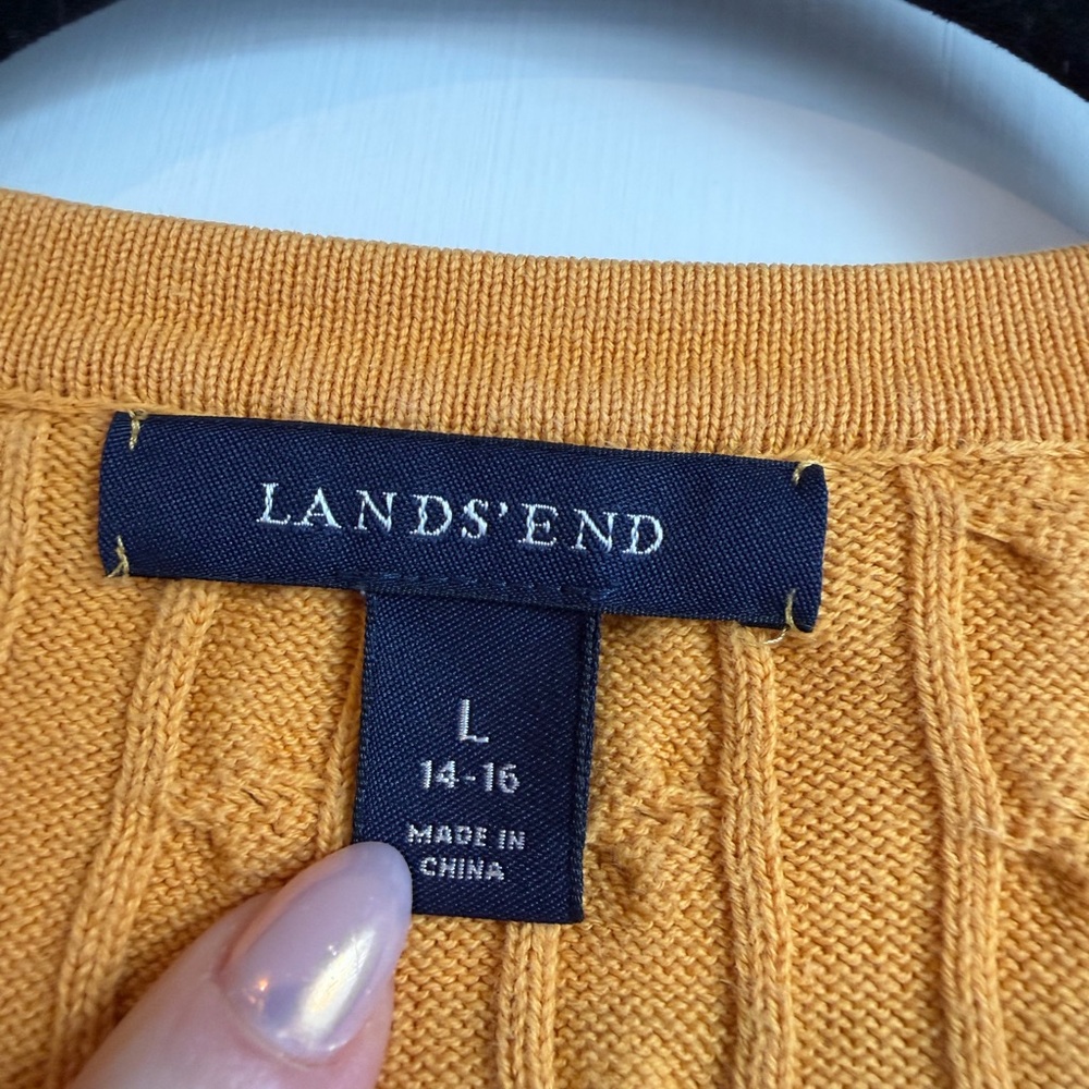 Lands End Women’s Cable Knit Mustard Yellow Cotton Cardigan Size Large - Picture 7 of 12